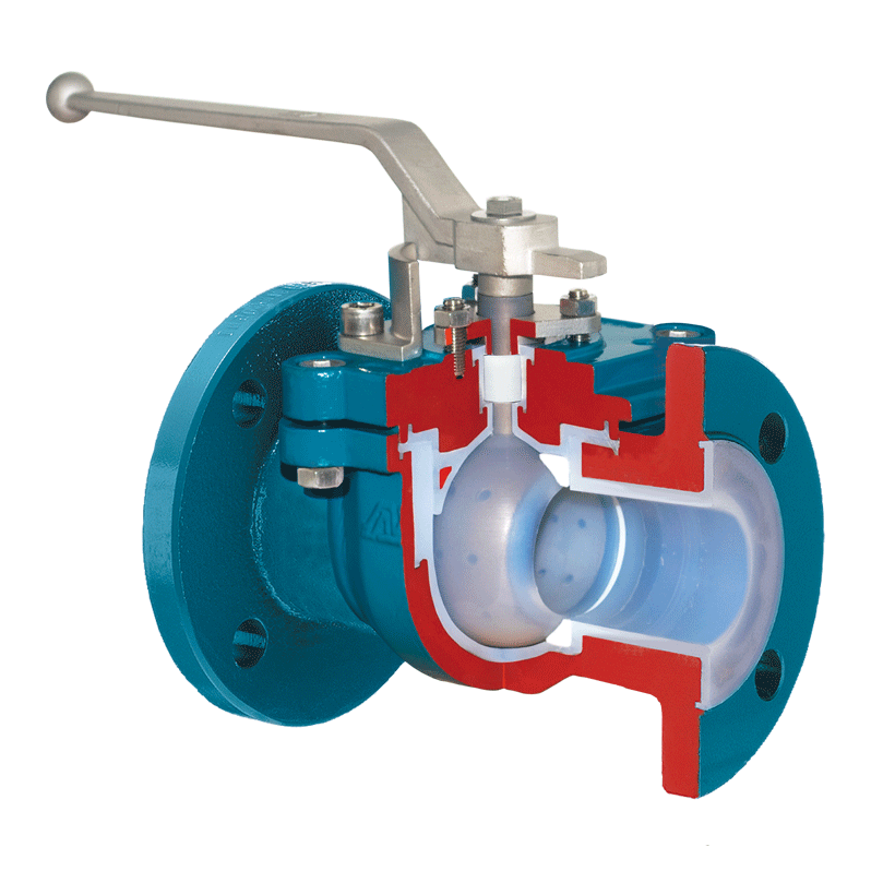 AZ - Two way ball valve with top entry design (one-piece body) with full bore. with chemical-resistant lining and ISO top flange